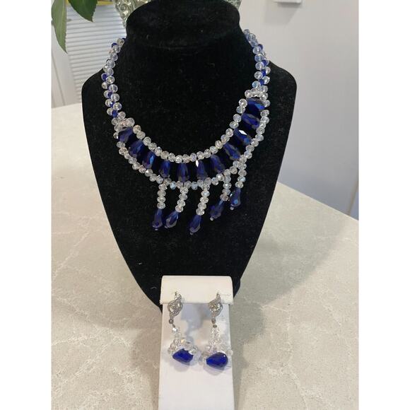 Necklace Set large beaded statement necklace matching earrings cobalt blue set - Picture 1 of 13